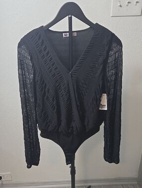 SO Black Long-Sleeve Wrap-Front Bodysuit